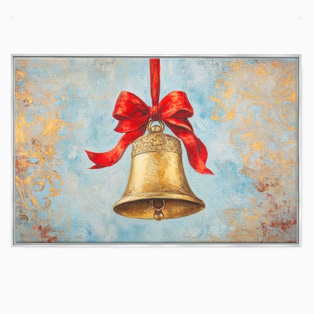 Tablou canvas cu pictura cu un clopot auriu si funda rosie, in rama de aluminiu argintiu